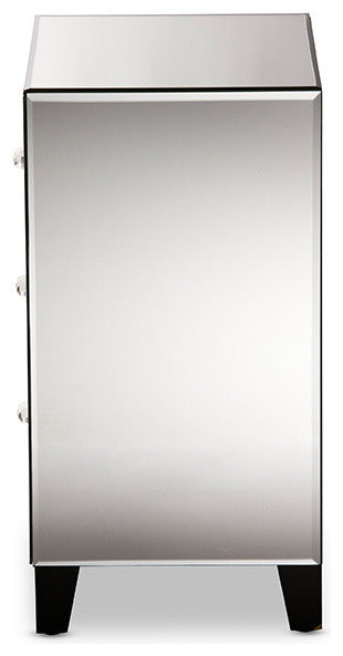 Chevron Hollywood Glamour Style Mirrored 3-Drawers Nightstand