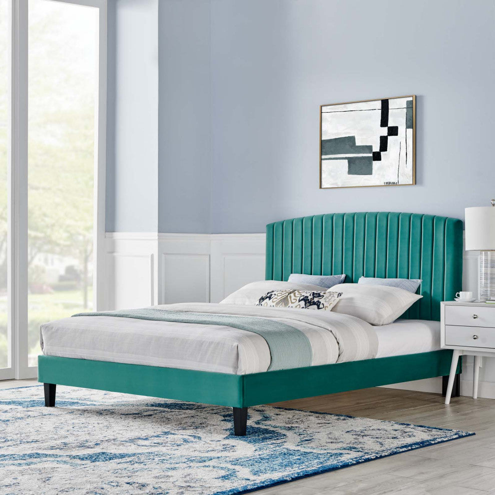 Platform Bed Frame, King Size, Teal Blue, Velvet, Modern, Bedroom Guest Suite