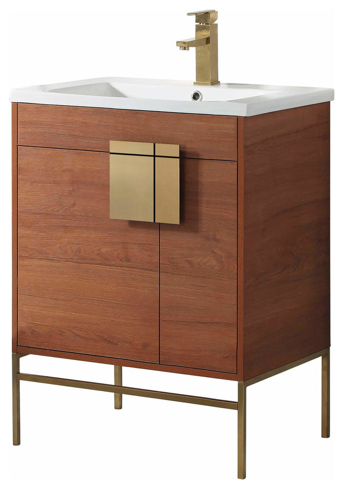 Modern Wallnut Bathroom Vanity Set, Satin Brass Hardware, Vireous China Sink Top