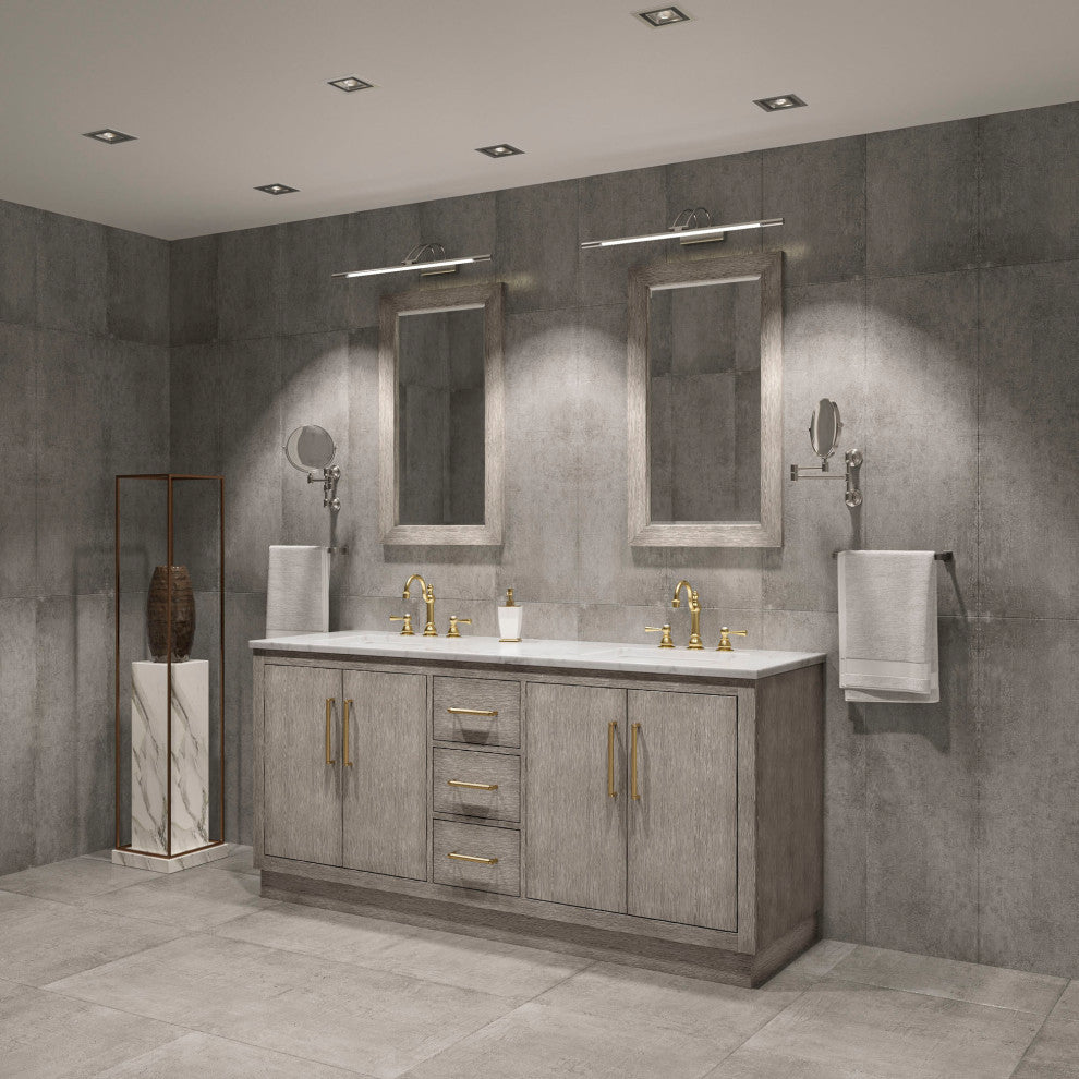 Hugo 72 Double Sink White Marble Countertop Vanity, Gray Oak With Mirrors