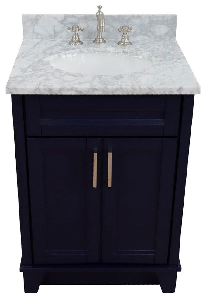 25" Single Sink Vanity, Blue Finish With White Carrara Marble And Oval Sink