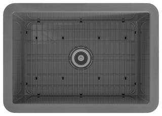 27in Undermount Single Bowl Fireclay Kitchen Sink with Grid and Drainer, Matte Gray