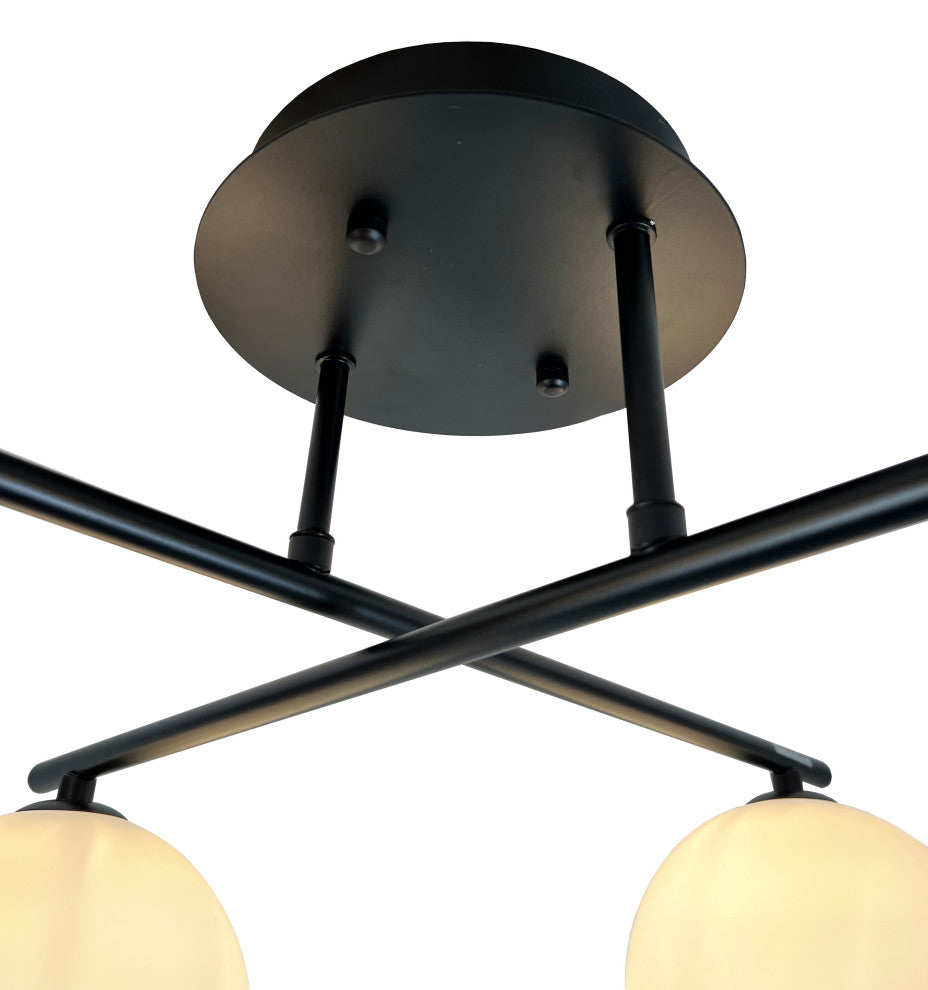Kinich 12 in. 4-Light Black Semi Flush with White Glass Globes