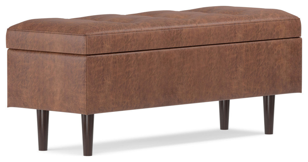 Shay Mid Century Rectangular Storage Ottoman, Distressed Saddle Brown