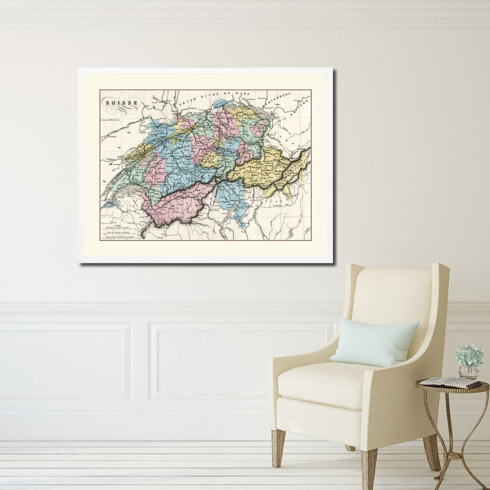 Switzerland Vintage Old Map Print On Canvas With Picture Frame 28" X 37"