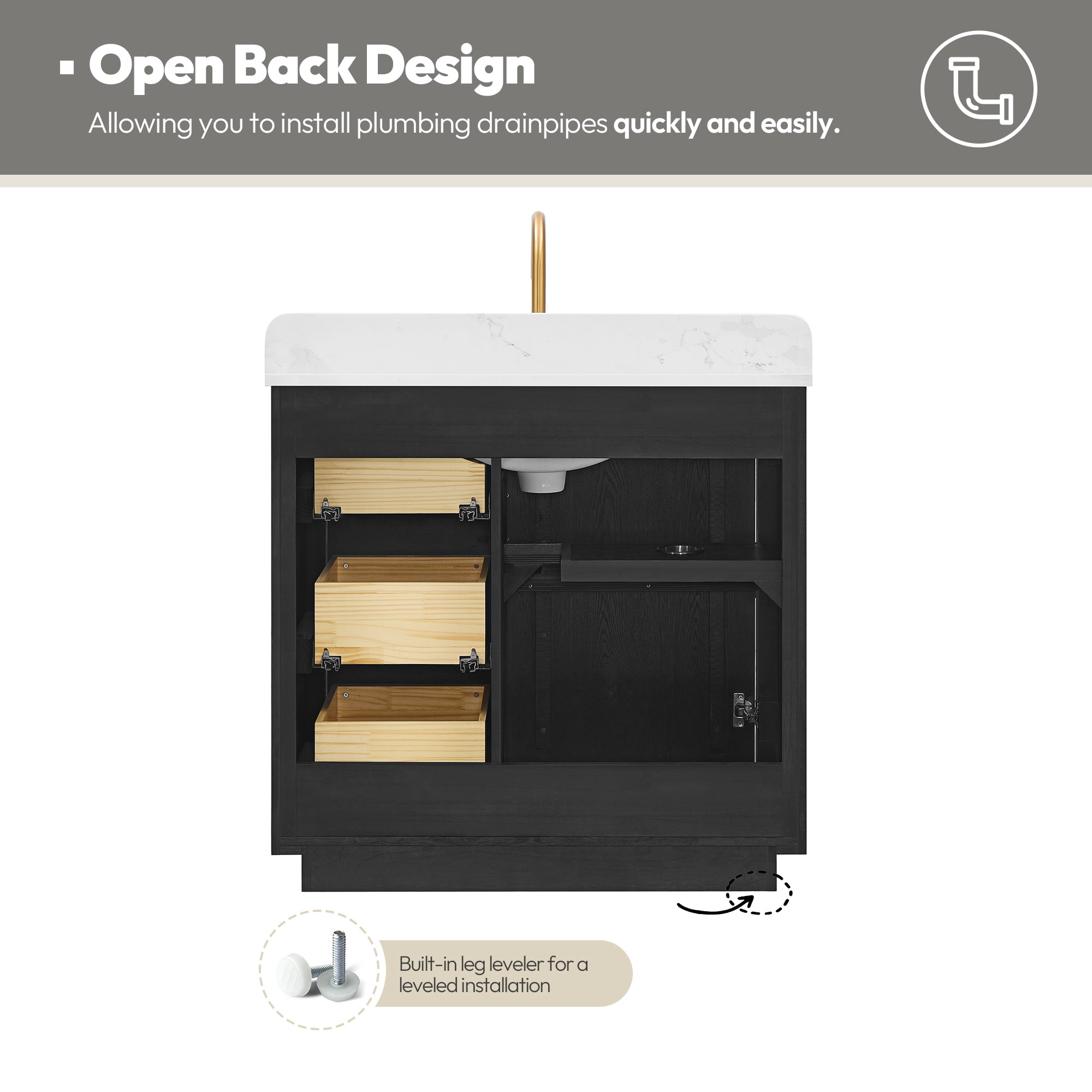 Busan Bath Vanity, Quartz Top No Mirror, Oak Classic Black, 36", Single Vanity