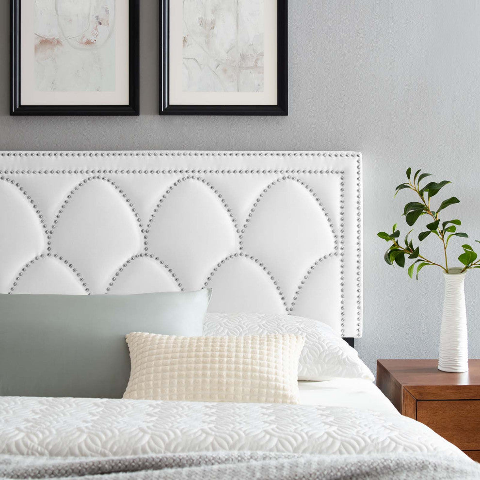 Headboard, Nailhead, Twin Size, White, Velvet, Modern, Bedroom Guest Suite
