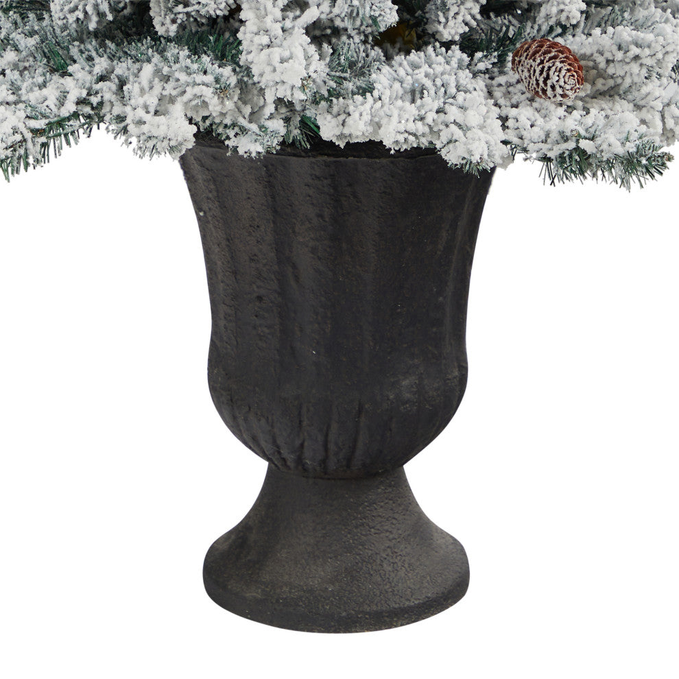 4.5' Flocked Livingston Fir Faux Xmas Tree W/Pinecones & Clear Lights, Urn