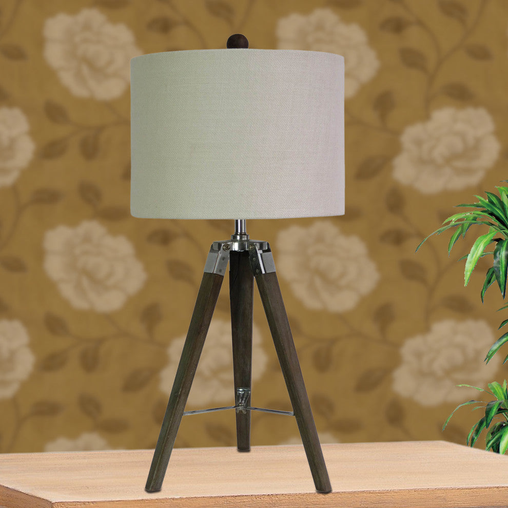 28" Structured Tripod Table Lamp, Weathered Gray Wood & Polished Nickel Metal