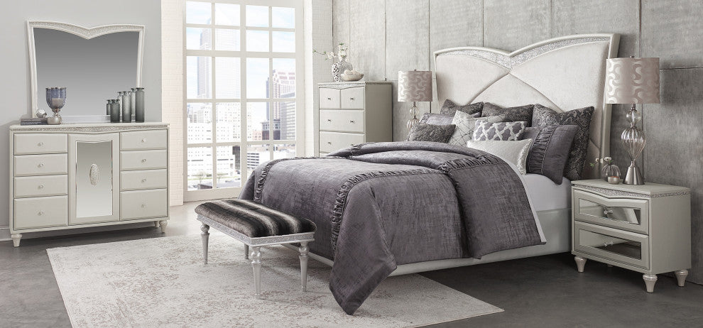 Melrose Plaza Eastern King Velvet Panel Bed, Dove Gray
