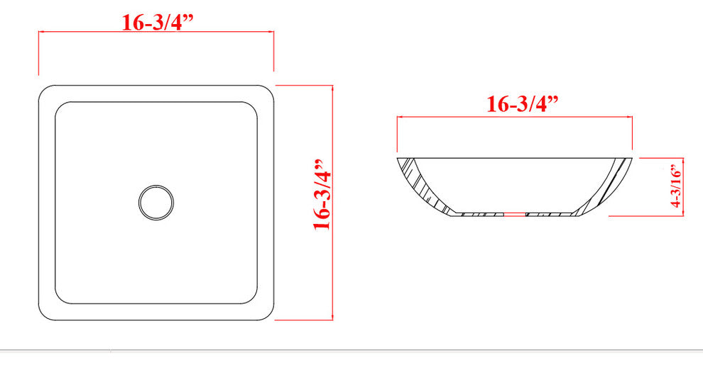 16-3/4" Stone Resin Solid Surface Square Slope Shape Bathroom Vanity Vessel Sink