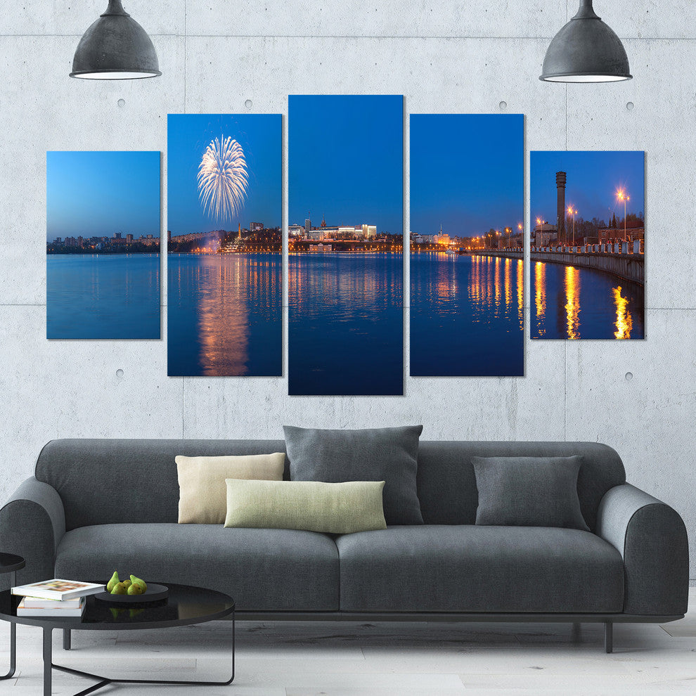 Embankment of City Panorama, Large Cityscape Canvas Art Print, 60"x32", 5 Panels