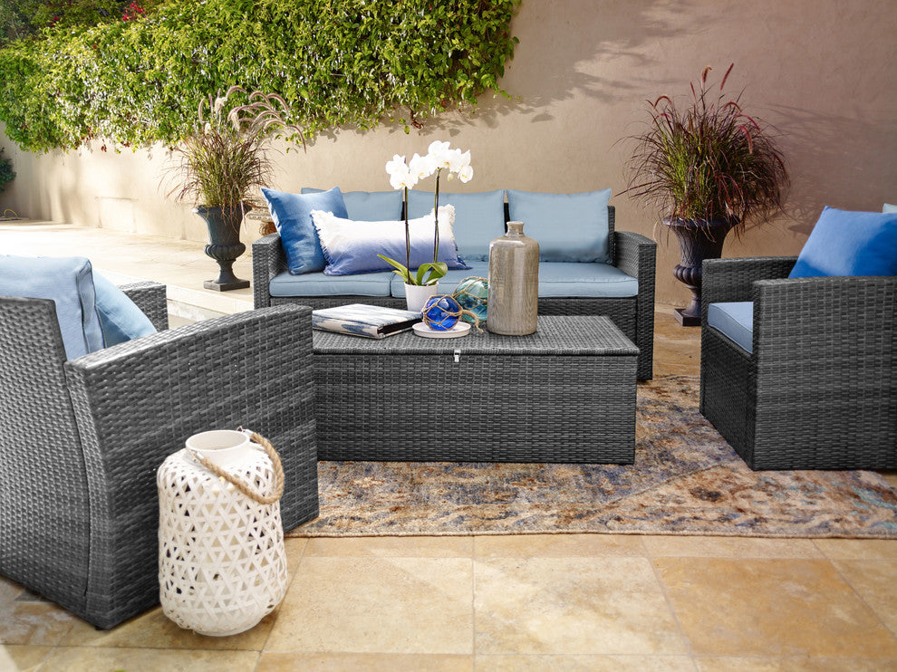 Rio 4 Piece Wicker Conversation Set With Storage, Gray Wicker/Blue Cushions