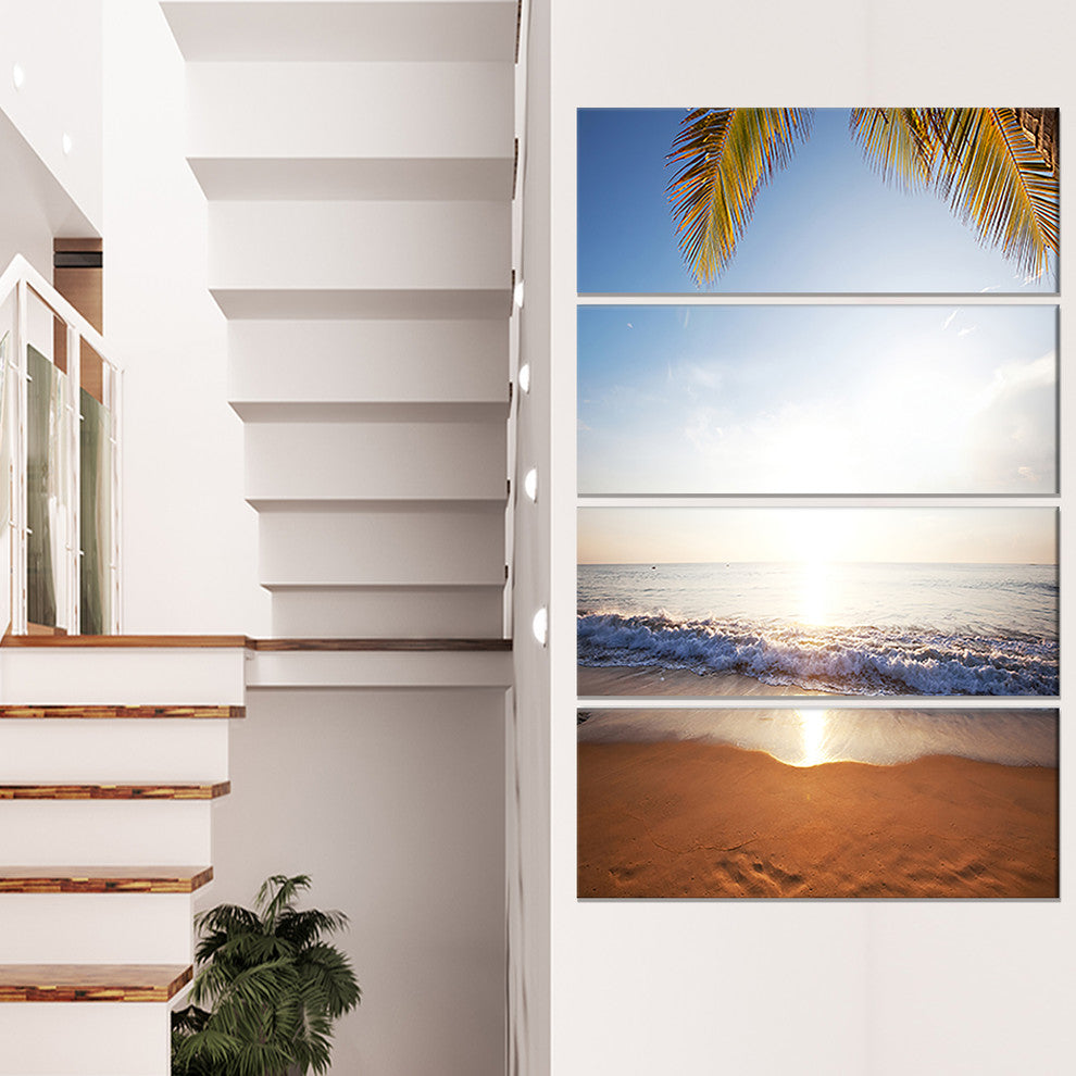 Deserted Beach with Palm Leaves, Large Seashore Canvas Print, 28"x48", 4 Panels