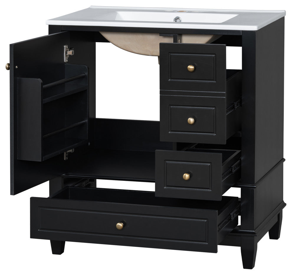 GDF Studio 30" Vanity With Ceramic Sink, Soft Close Door & Drawers, Black