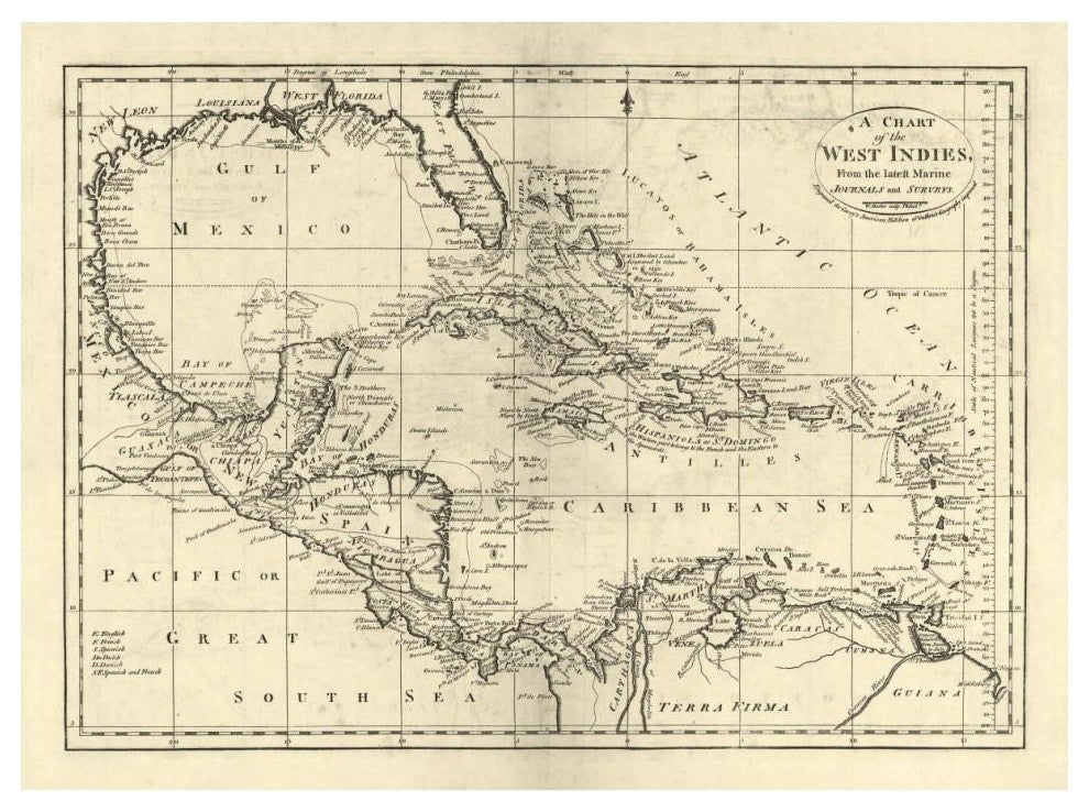 "Chart of the West Indies, 1795" Digital Paper Print by Mathew Carey, 42"x31"