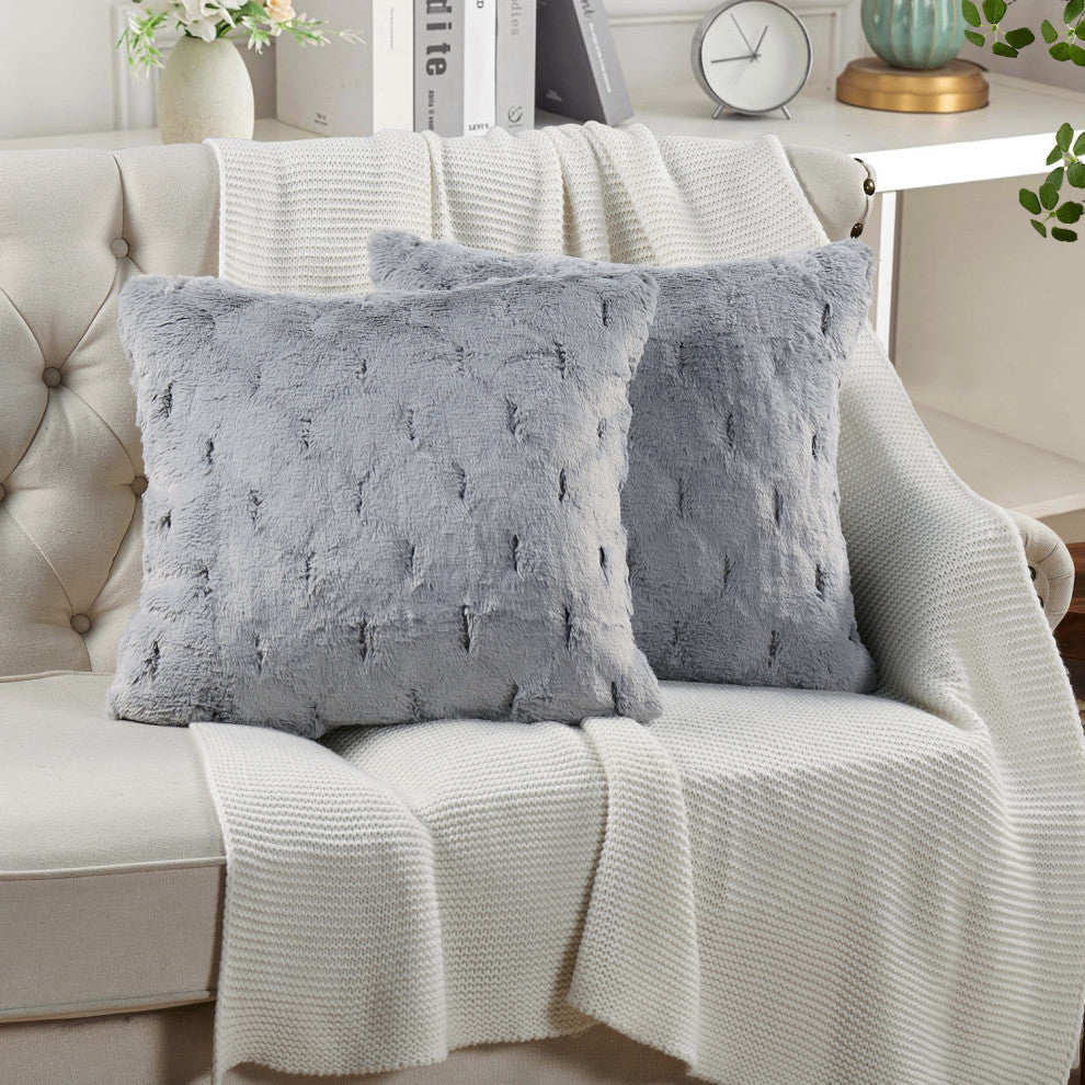 Jacquard Rabbit Faux Fur Pillow Cover 2 Piece Set, Silver Grey, 20" X 20"