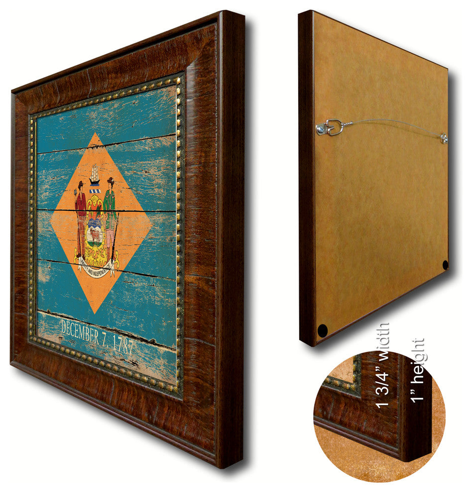 Delaware State Vintage Flag Print With Brown Gold Frame, 23"X33"
