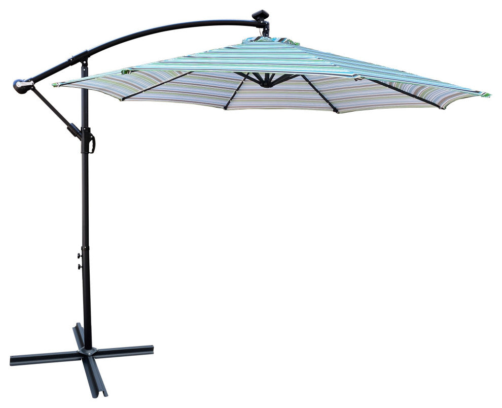 10' Steel Patio Umbrella Outdoor Market With Crank and LED Lights, Blue Striped