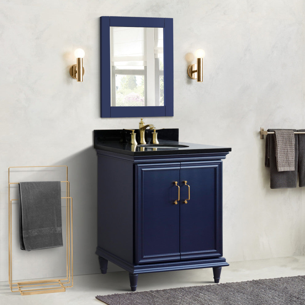 31" Single Vanity, Blue Finish With Black Galaxy And Oval Sink