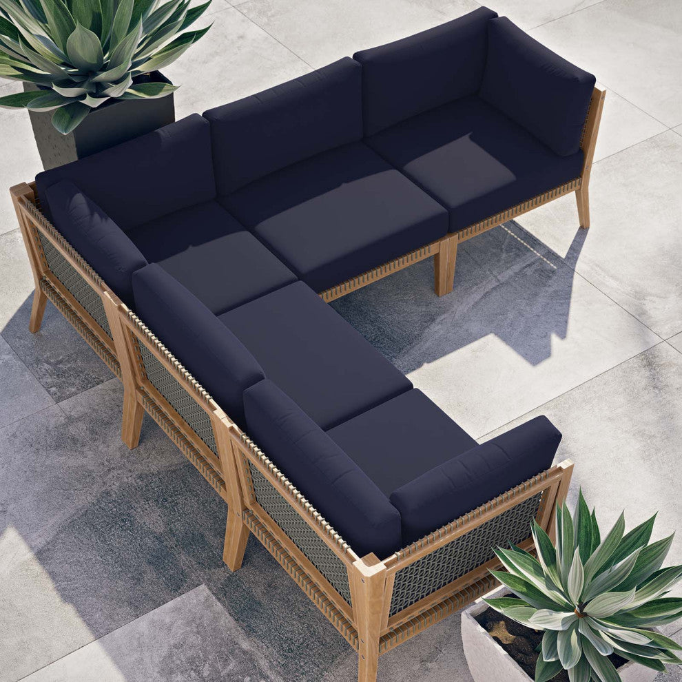 Clearwater Outdoor Patio Teak Wood 5-Piece Sectional Sofa, Gray Navy