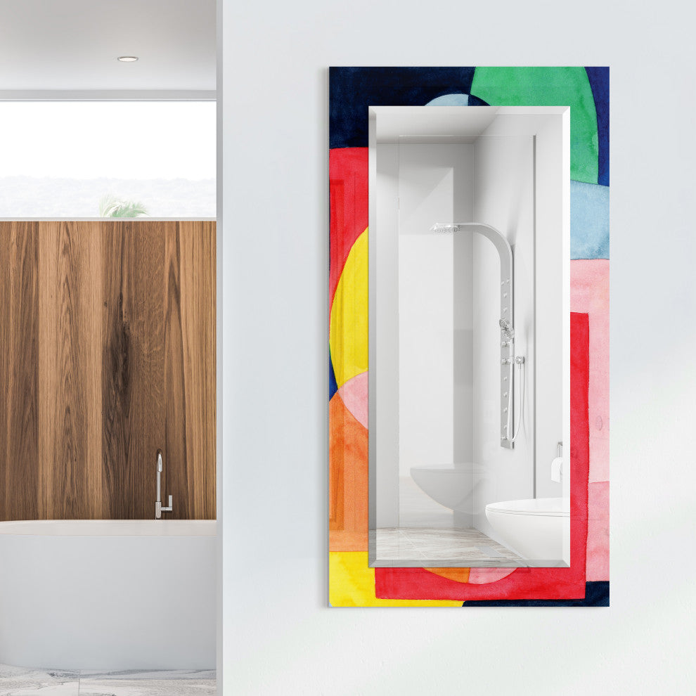 "Launder" Beveled Mirror on Printed Abstarct Tempered Art Glass, 54x28"