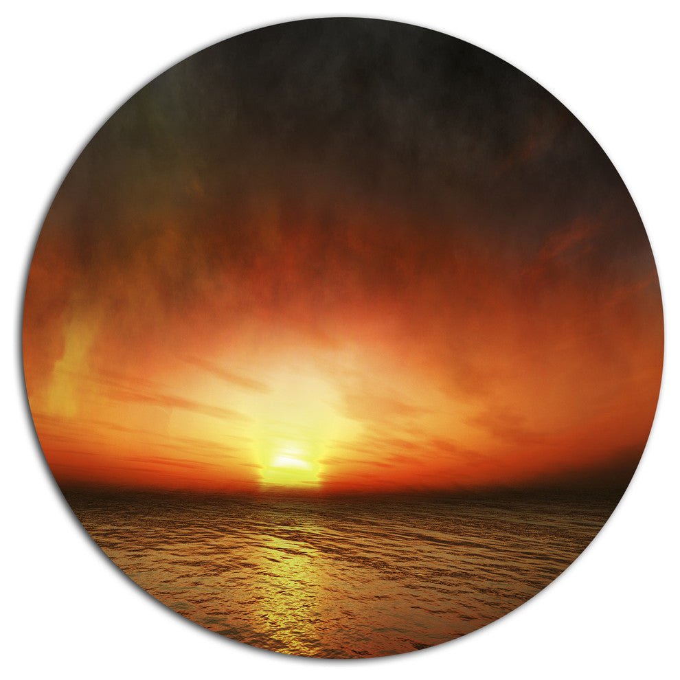 Fiery Sunset Beach Under Cloudy Sky, Seashore Round Wall Art, 11"