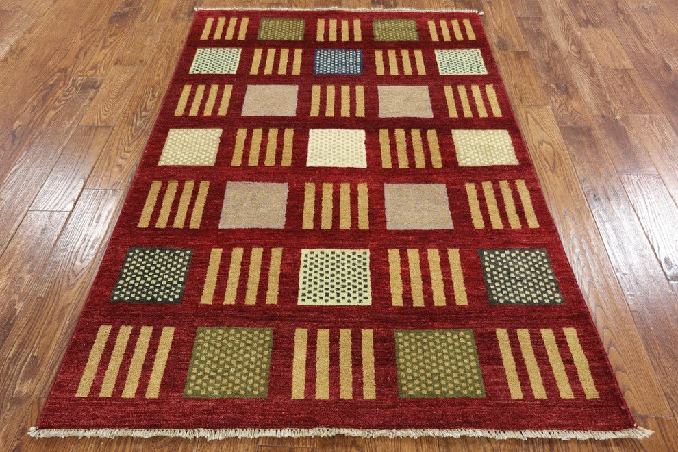 New Modern Collection Maroon 4'x6' Gabbeh Hand Knotted Wool Area Rug H8729