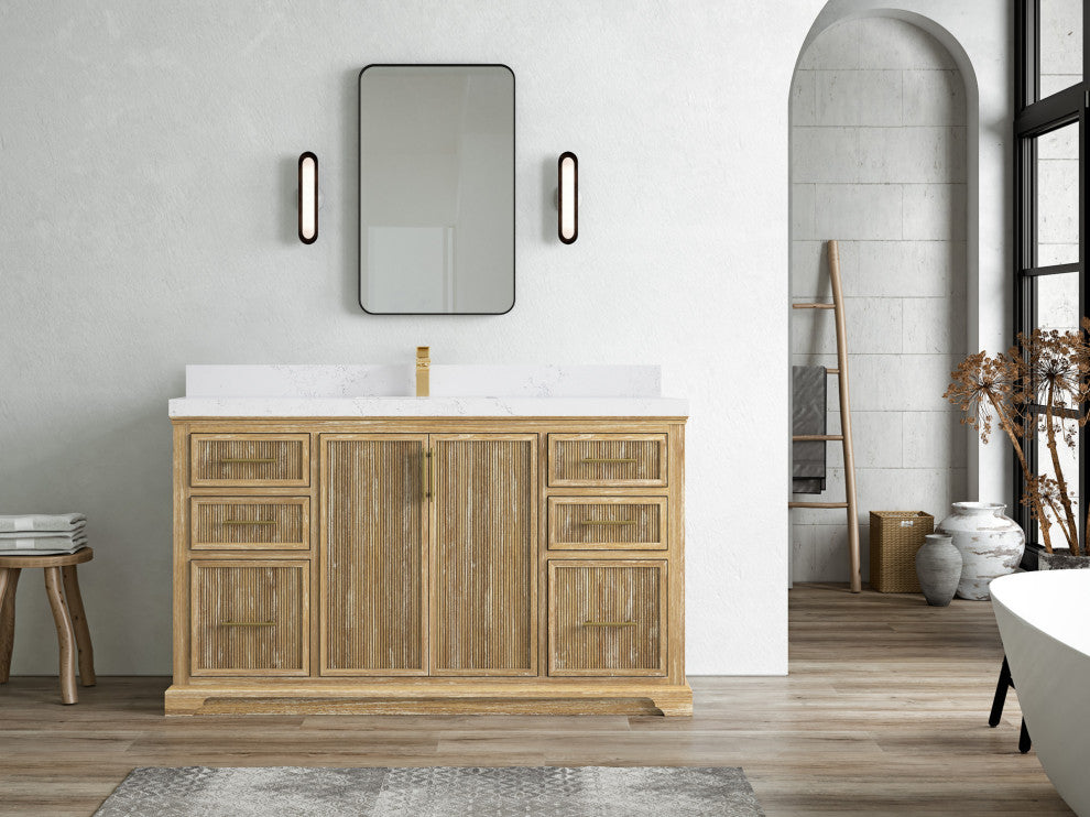 Alys Teak 60 Single Sink Bathroom Vanity Whitewashed 2" Empira Quartz
