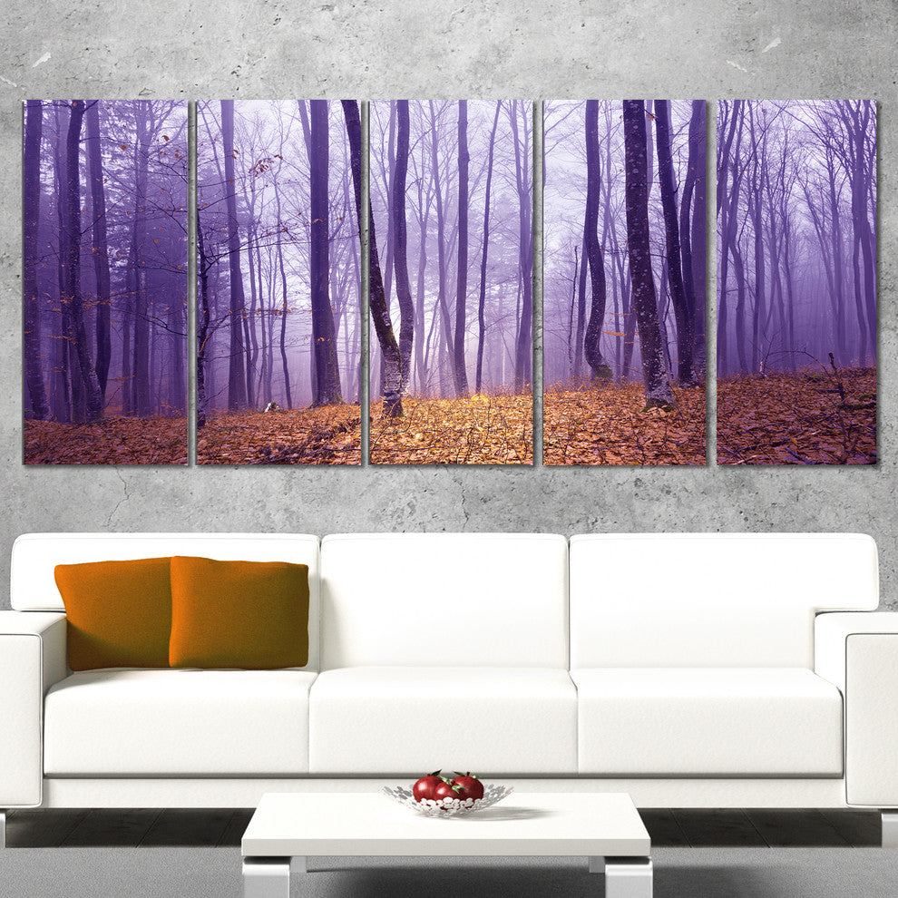 Magenta Foggy Fairytale Forest, Forest Canvas Art Print, 60"x28", 5 Panels