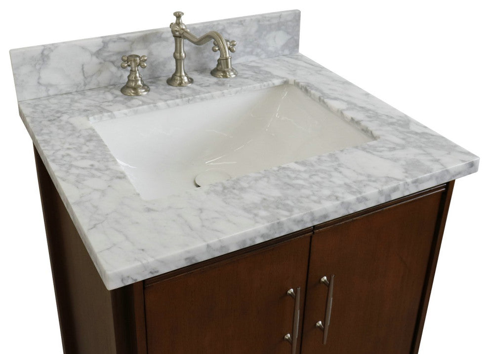 25" Single Sink Vanity, Walnut Finish With White Carrara Marble