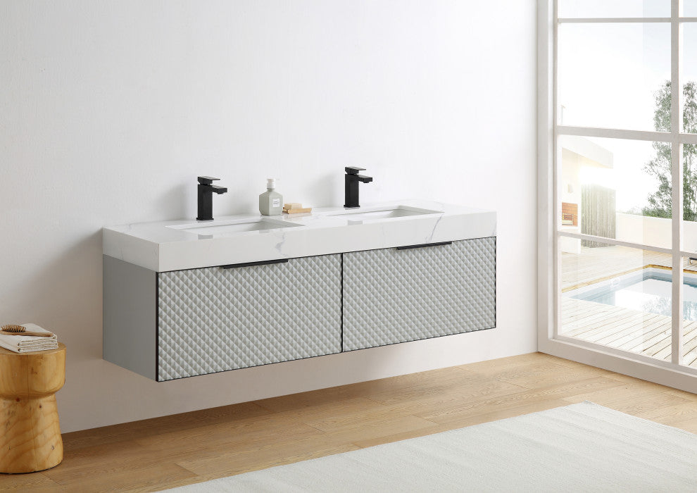 Manarola with Thick Quartz Wall Mount Vanity, Silver Gray, 72"