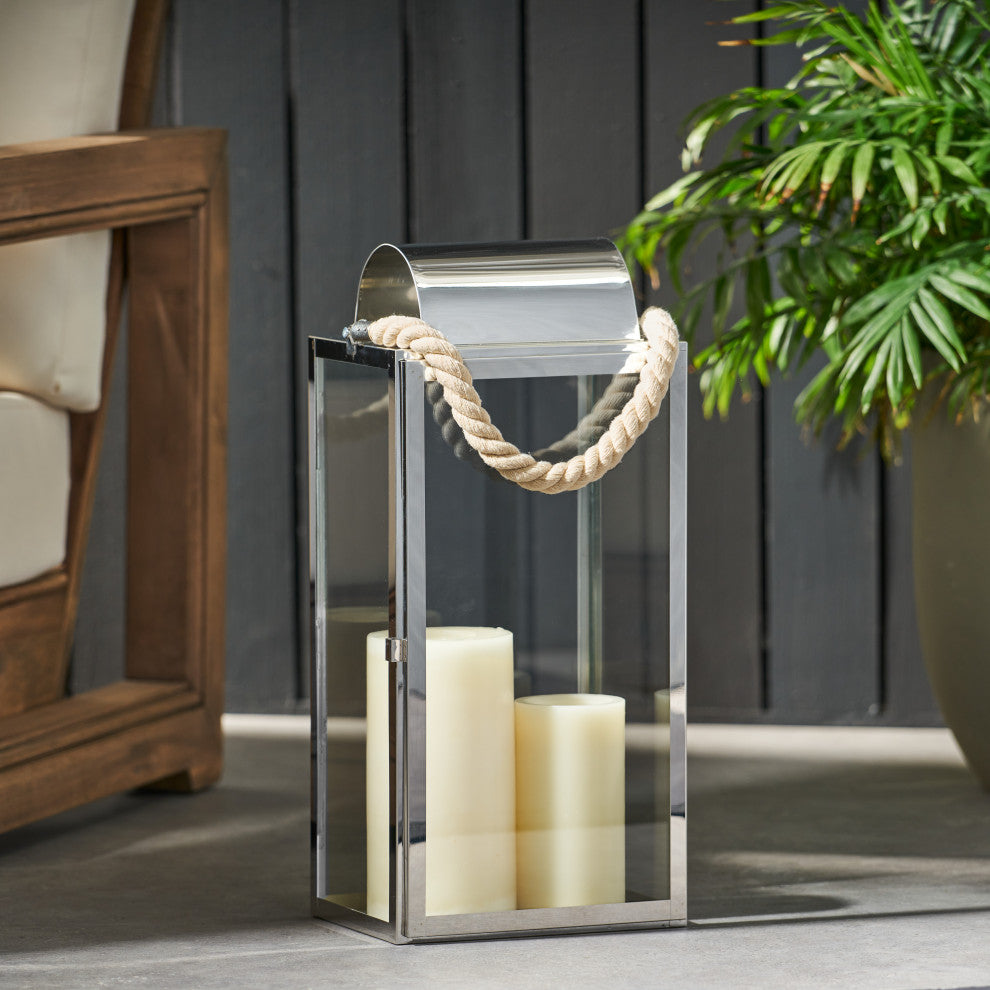 Brianna Outdoor 19" Modern Stainless Steel Lantern, Silver