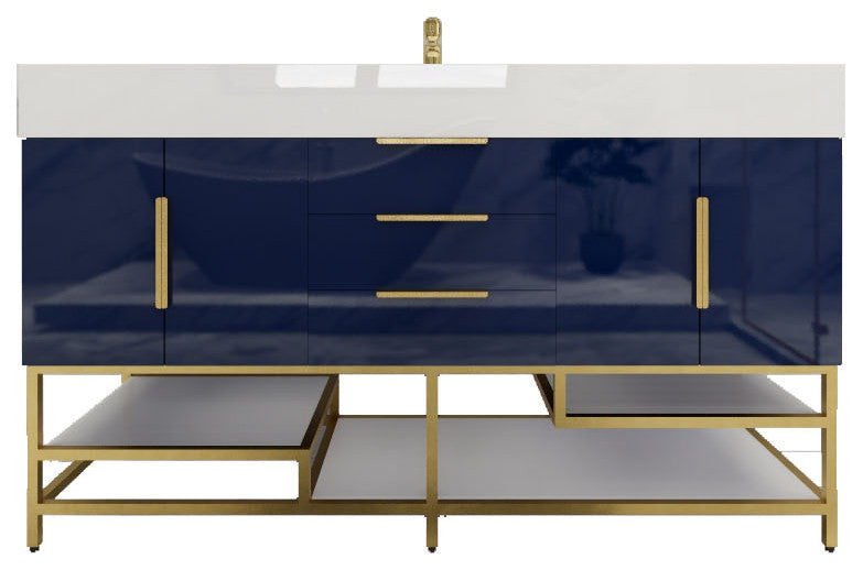 Madison 60" Free Standing Single Sink Vanity with Reinforced Acrylic Sink, High Gloss Blue