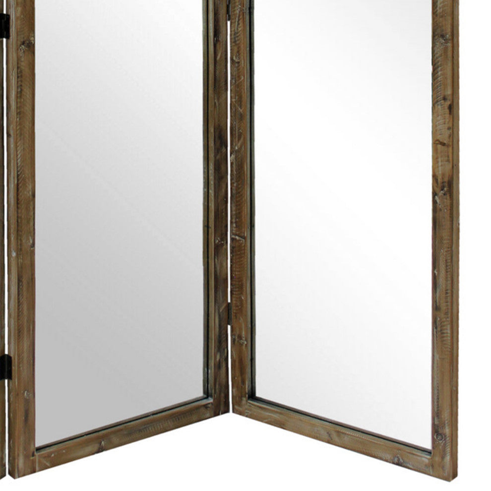 Benzara BM276717 3 Panel Mirror Room Divider, Wood Frame, Distressed Brown