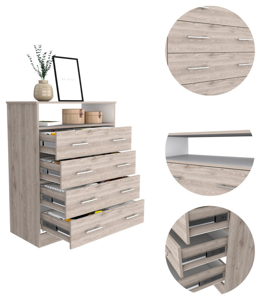 Lagos 4 Drawer Dresser with Open Shelf and Metal Handles, Light Gray