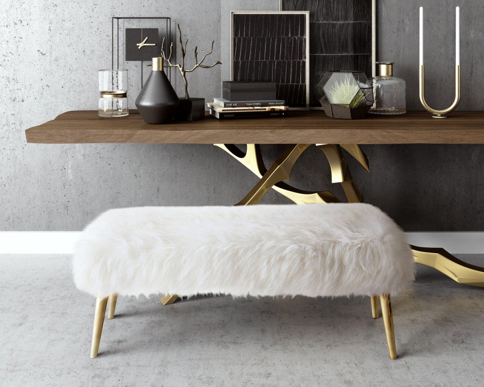 Churra White Sheepskin Bench With Gold Legs