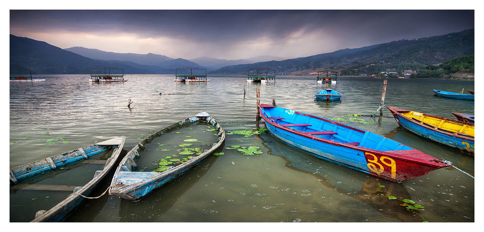 Boats near Pokhara Lake, Large Boat Canvas Art Print, 60"x28"