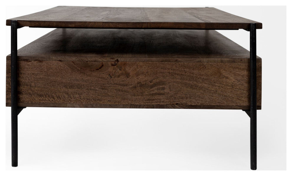 Rectangular Solid Wood and Black Metal Coffee Table W 3 Drawers