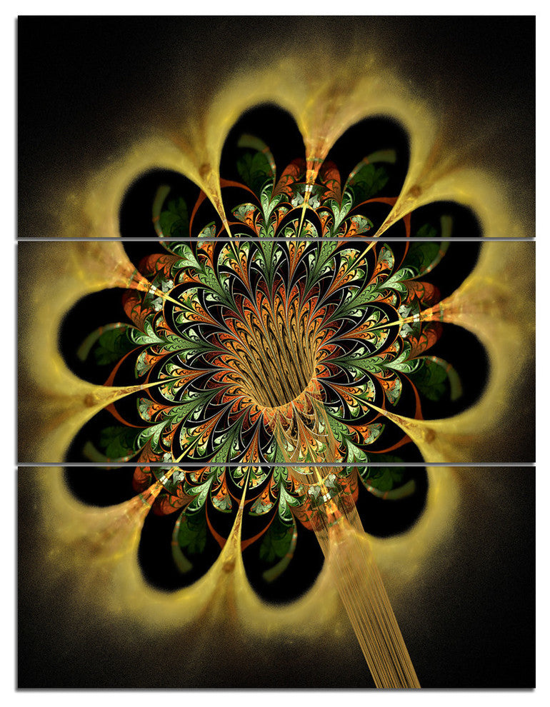 "Dark Yellow Flower Rounded Petals" Metal Wall Art, 3 Panels, 28"x36"