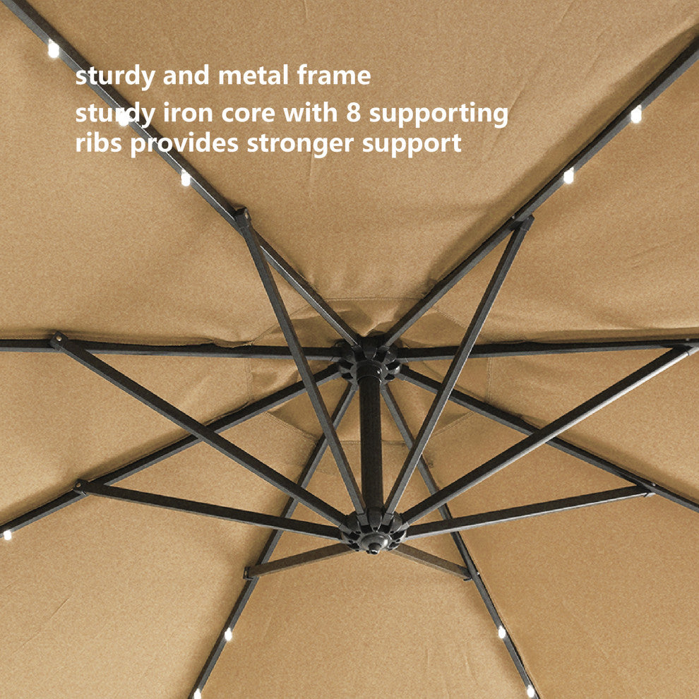 10' Steel Patio Hanging Cantilever Umbrella With 32 Solar LED Lights, Taupe
