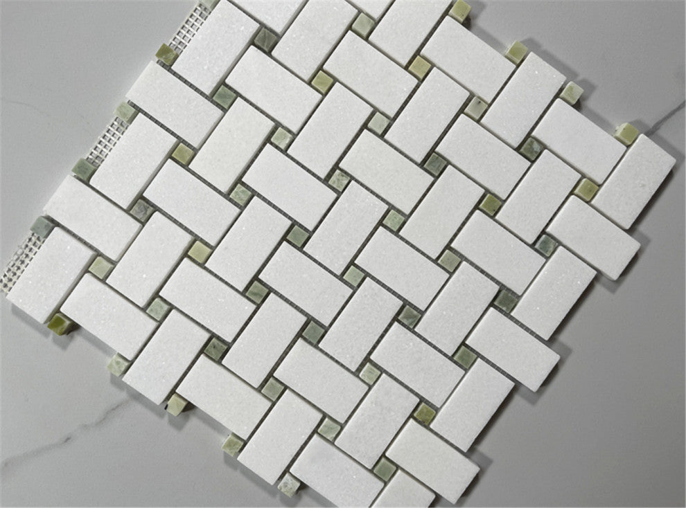 Thassos White Marble 1x2 Basketweave Mosaic Tile Green Dots Honed, 1 sheet
