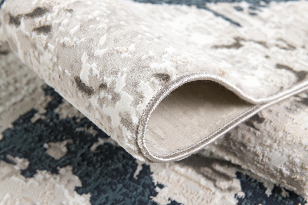 8"x11" Navy and Ivory Abstract Distressed Area Rug