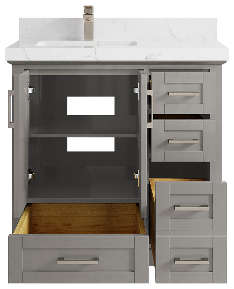 Boston 36 Left Offset Bath Vanity in Elephant Skin Gray 2" Calacatta Nuvo