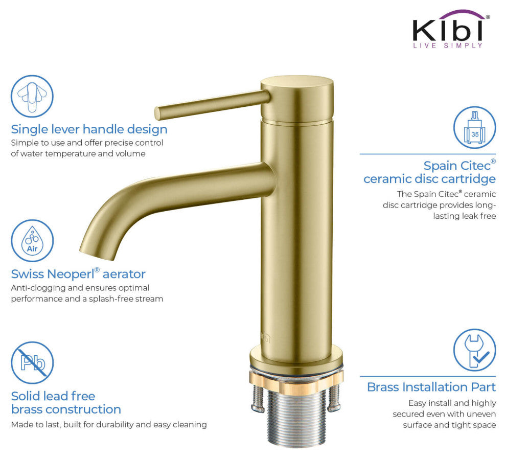 Circular Brass Single Handle Bathroom Faucet KBF1008, Brush Gold, With Drain