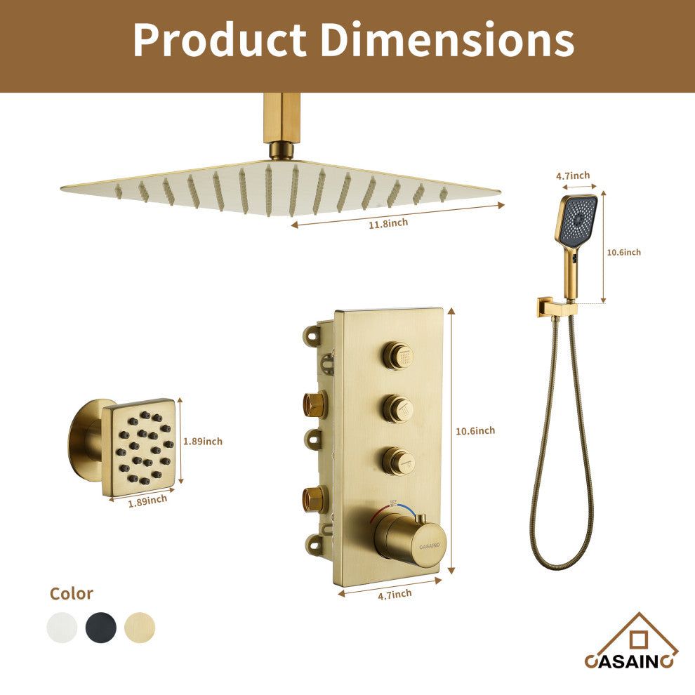 Ceiling Mounted Thermostatic Shower System, Brushed Gold