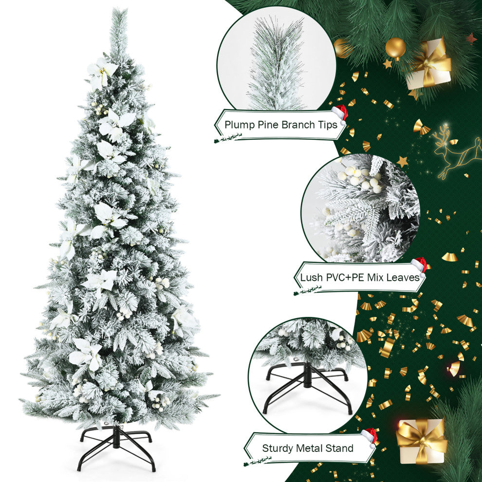 Costway 6ft Snow Flocked Christmas Pencil Tree w/ Berries & Poinsettia Flowers