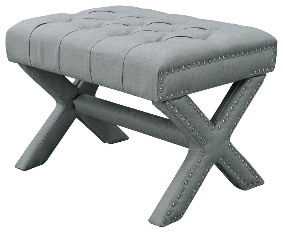 Paola Linen Button Tufted Silver Nailhead Trim X-Leg Ottoman, Light Gray
