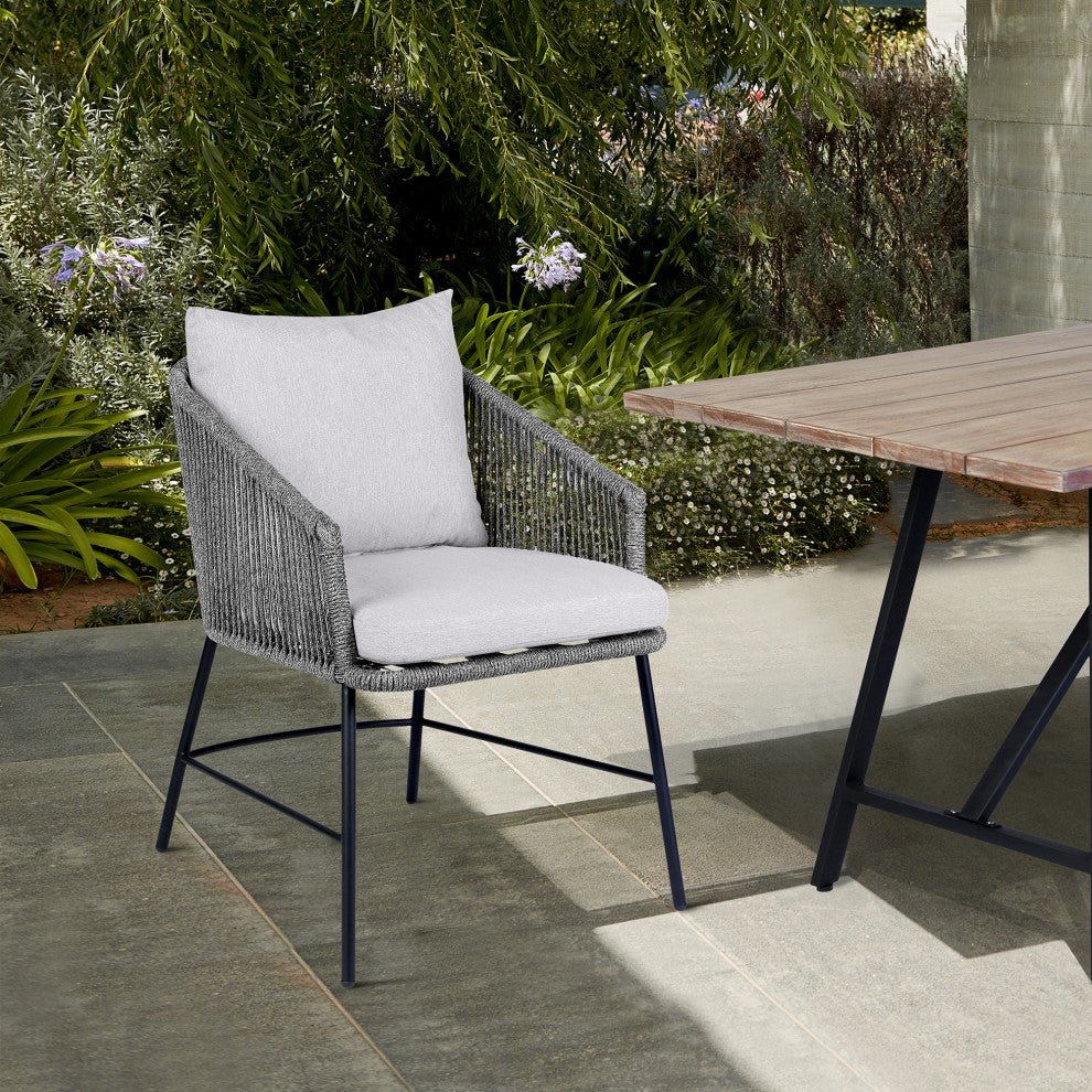 Calica Outdoor Patio Dining Chair, Black Metal And Gray Rope