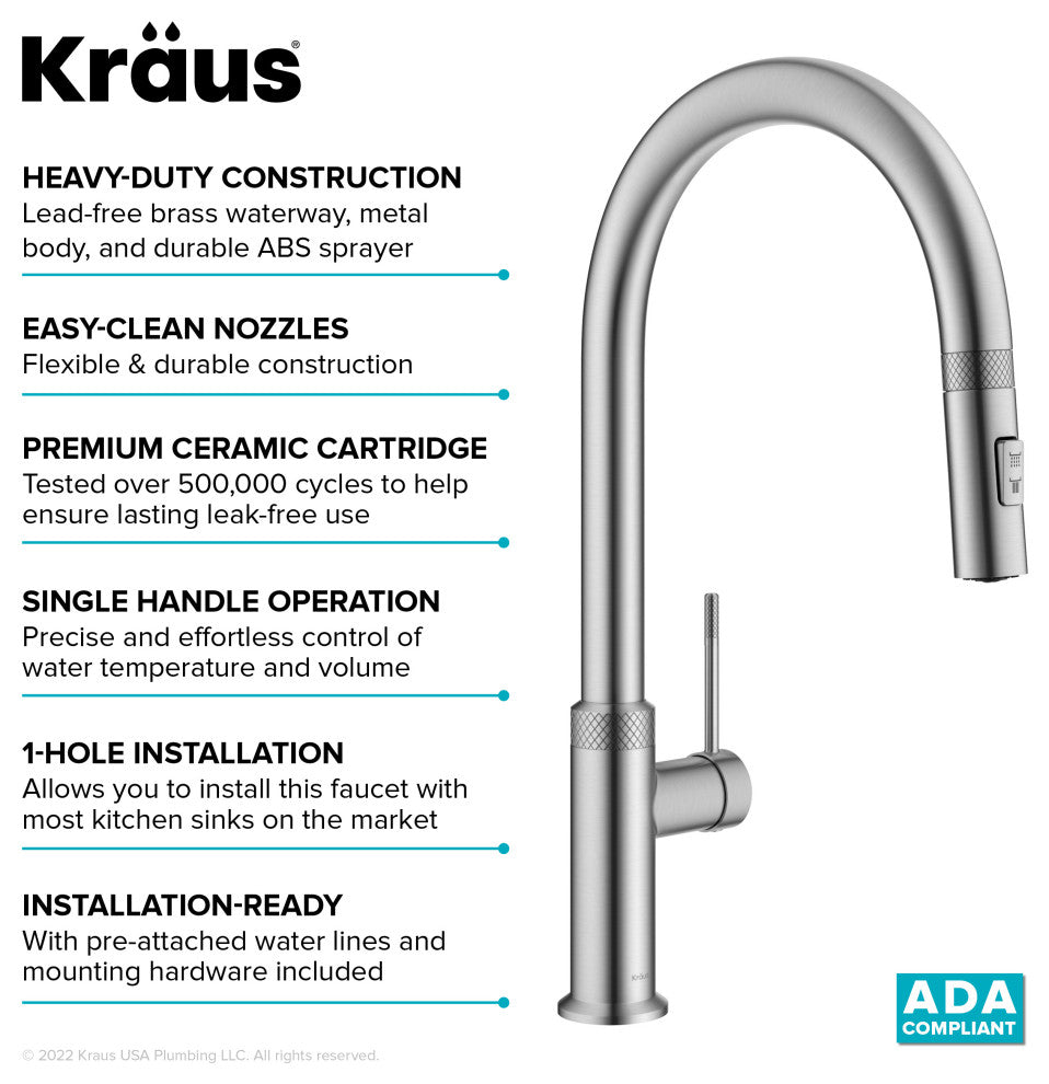 Oletto Pull-Down 1-Hole Kitchen Faucet, Spot Free Stainless Steel
